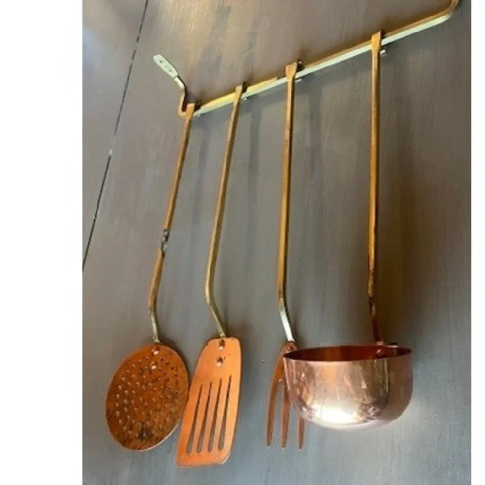 Vintage Copper Brass Kitchen Utensil Set 5pc Korea Patina Rustic Wall Rack